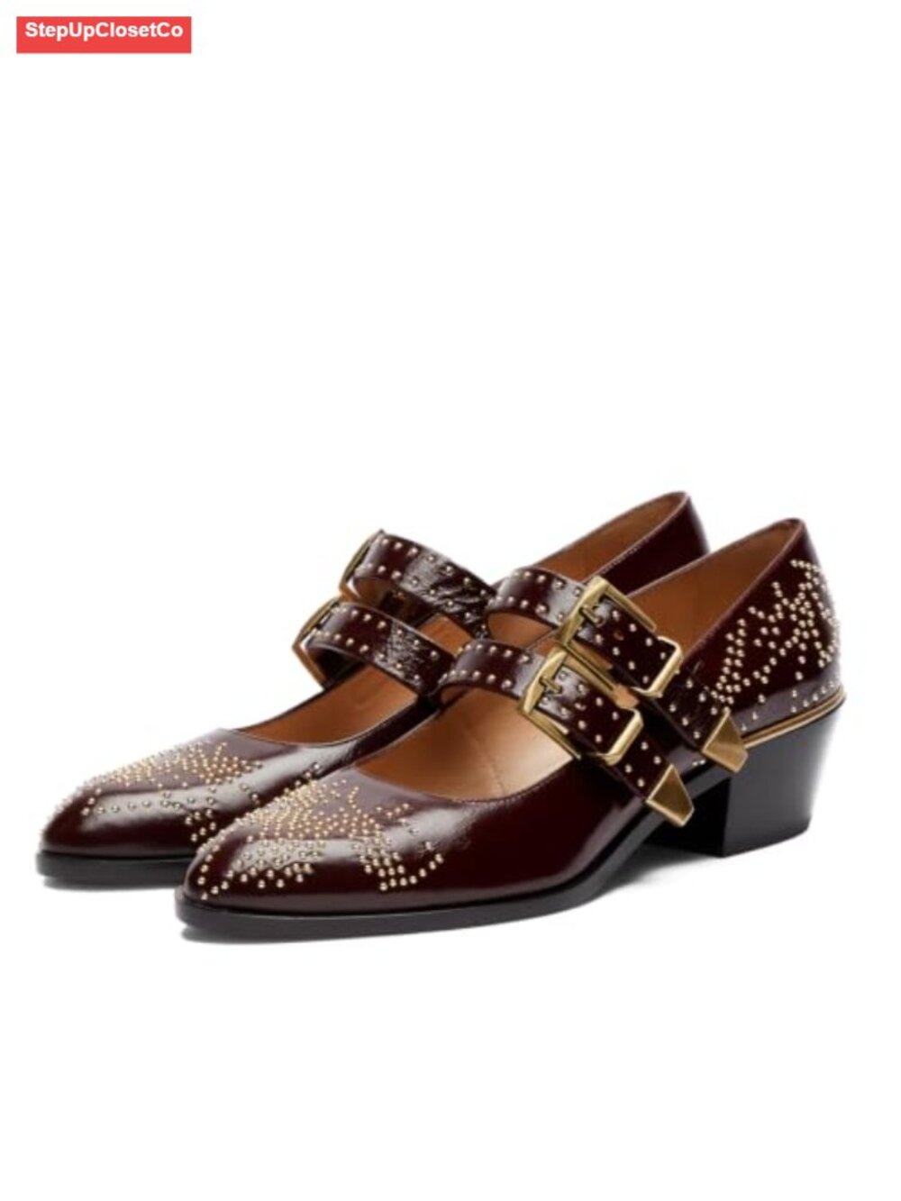 Studded Mary Jane Pumps Chunky Low Block Heel Buckle Strap Closed Toe